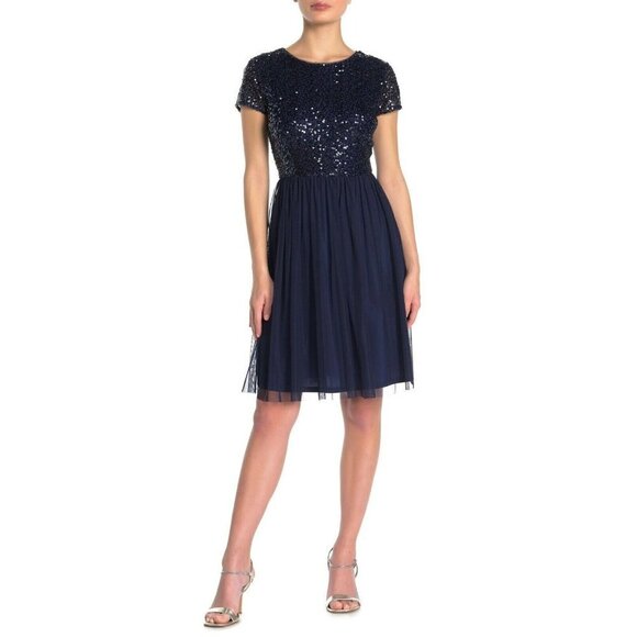 Marina Womens 8 Petite Blue Short Sleeve Sequin Top Fit‎ & Flare Casual Dress